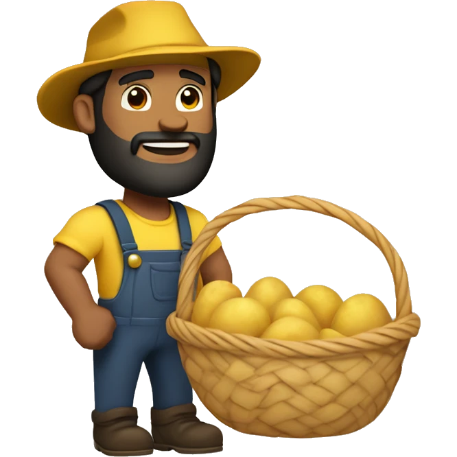  Slightly Brown skin handsome guy with black hair and beard wearing yellow farmer's hat and holding a basket full of potatoes emoji