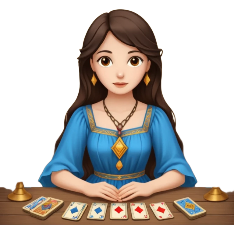 Create a brunette girl with brown eyes sitting at a table with tarot cards. emoji