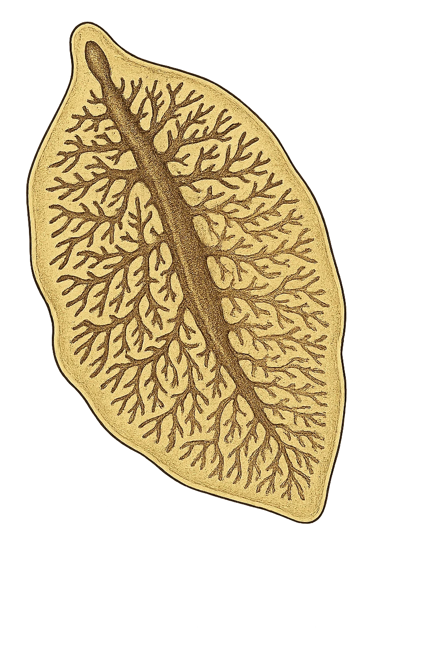 batterio Trematodi epatici (Liver fluke) stile libro di medicina ma senza scritte emoji