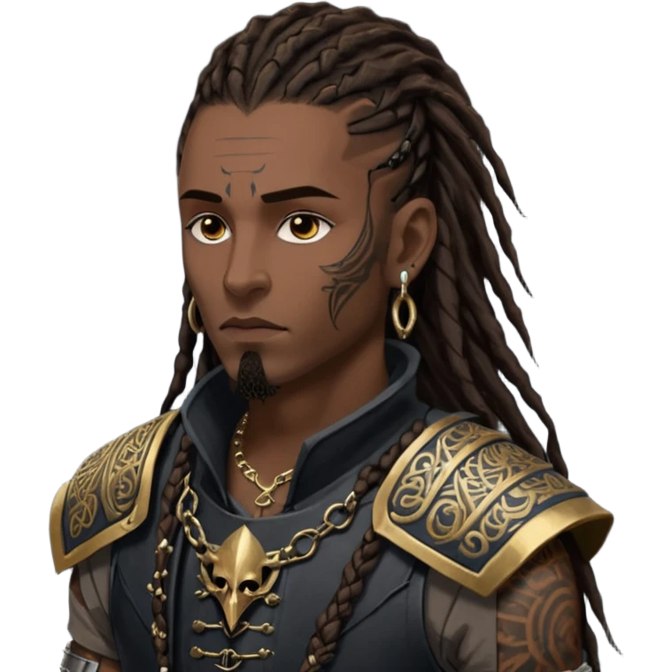 A dark-skinned figure with hollow cheekbones, a sharp jawline, and intense dark brown eyes. His hair is a mess of 7-inch-long dreadlocks, with a fresh hairline and low taper. His body is covered in intricate tattoos, and he wears an armor vest. Gold earrings adorn his ears, and his  emoji