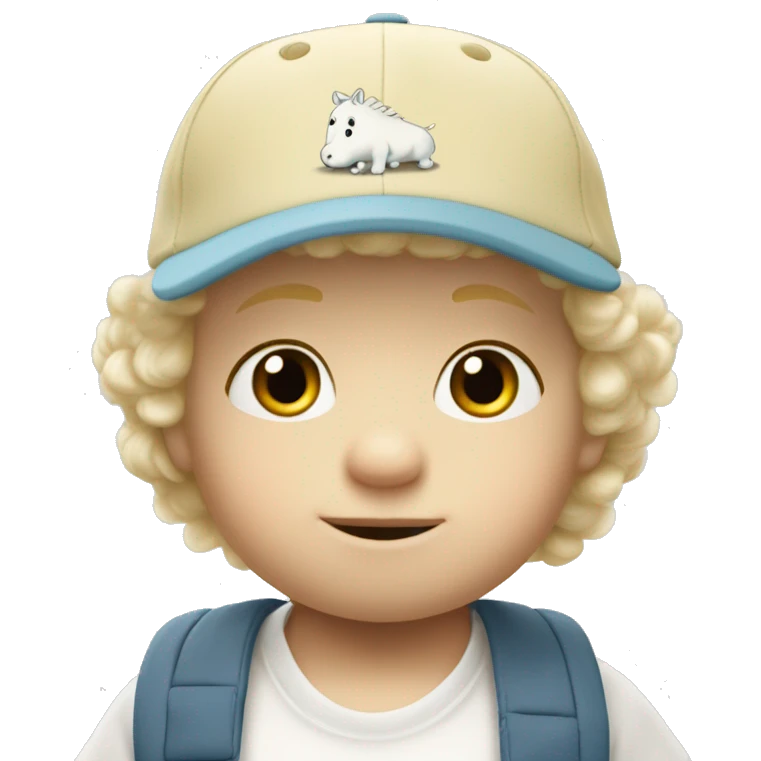 Blond Caucasian baby dude with curly har and moomin themed baseball cap emoji