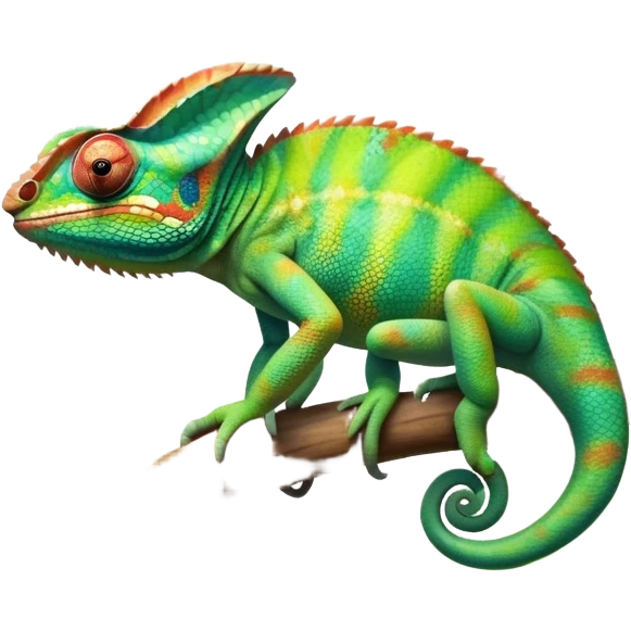 Giant Chameleon blending into natural surroundings, perched on a branch. Its vibrant colors shift with the environment. Lush greenery, branches, and soft sunlight create a peaceful, nature-filled background. Transparent background, showcasing the chameleon's colorful, textured skin. emoji