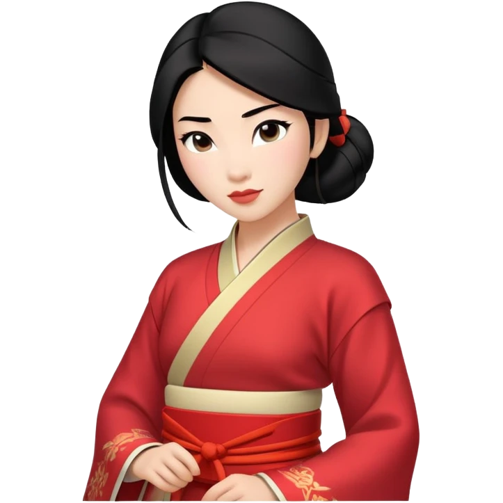 Mulan from hips up, traditional Chinese outfit, black hair, minimal style, larger size emoji