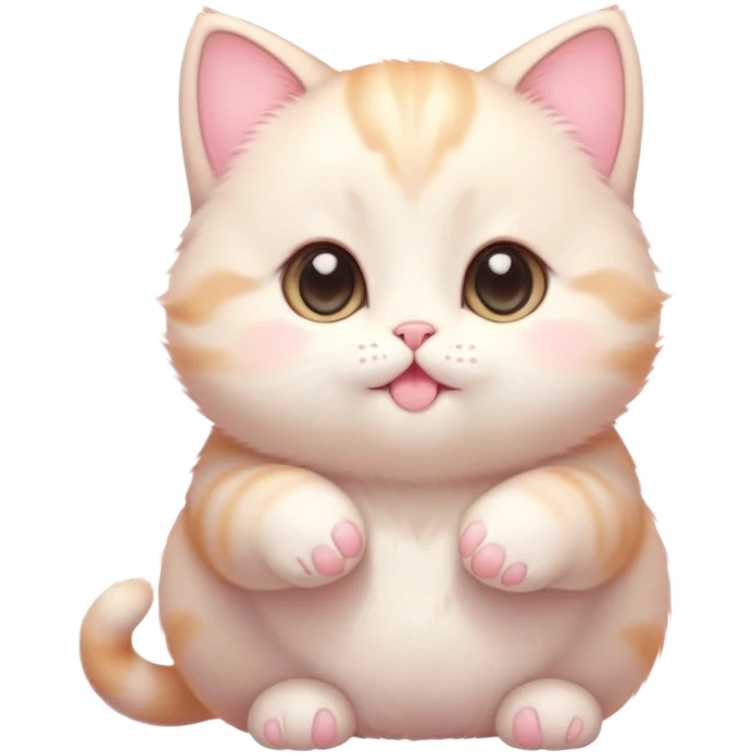 Cinematic chubby pastel kitten, big round eyes full of wonder, tiny paws reaching up, soft fluffy fur glowing in warm light, delicate heart-shaped nose, irresistibly cute and snuggly. emoji