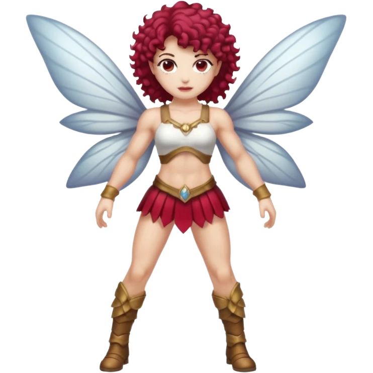 full body woman short curly brown mullet brown eyes white skin muscular build cranberry battle fairy emoji