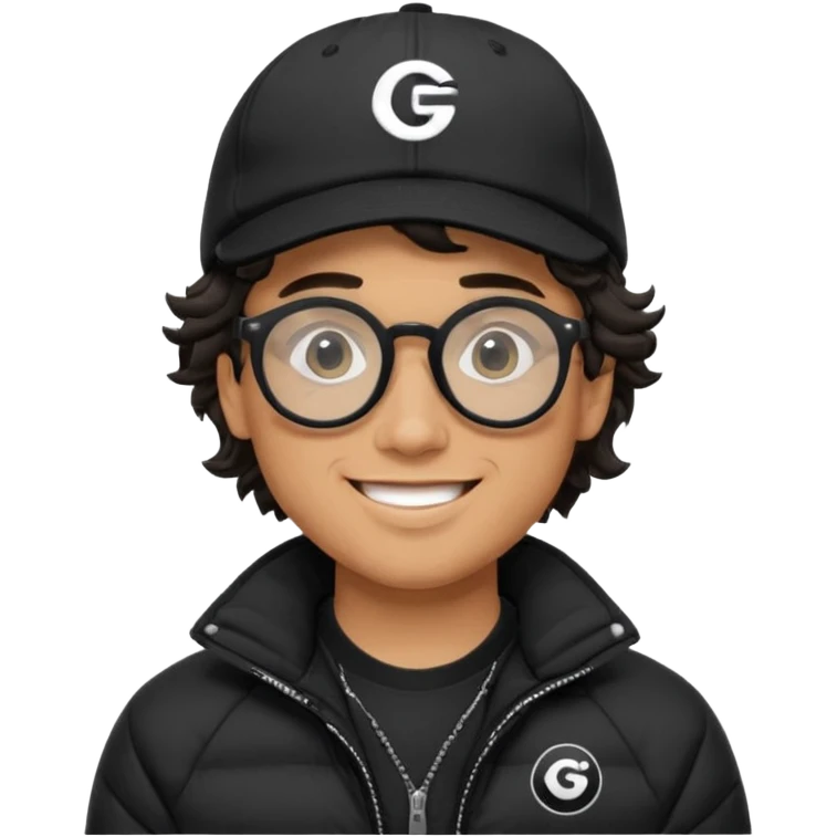 Young man wearing a black puffer jacket, black baseball cap with a small logo, round black glasses, wavy hair peeking out from under the cap, smiling. use dropcourse logo for cap and colouring for the puffer jacket emoji