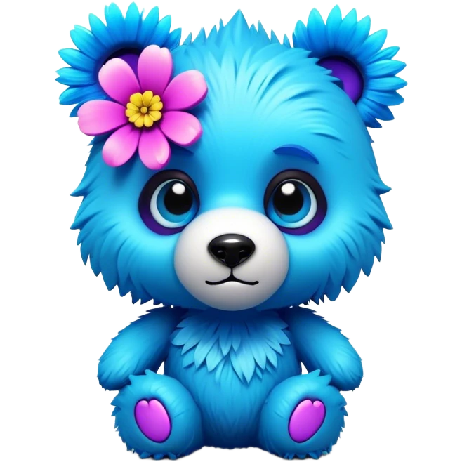 3D, adorable little Pixar style blue neon punk bear with a flower, ultra detailed, each lash, eye, and strand of fur is shown in stunning detail as though captured in a timeless photograph, rich textures, visually rich, so lifelike it feels like it could leap off the page at any moment emoji