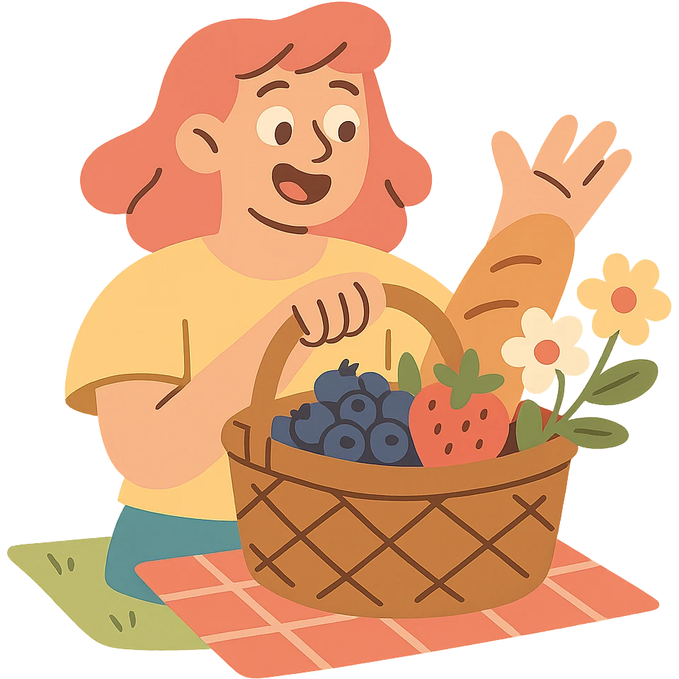 picnic basket with berries, bread, and flowers in warm pastel shades, pastel-toon style emoji