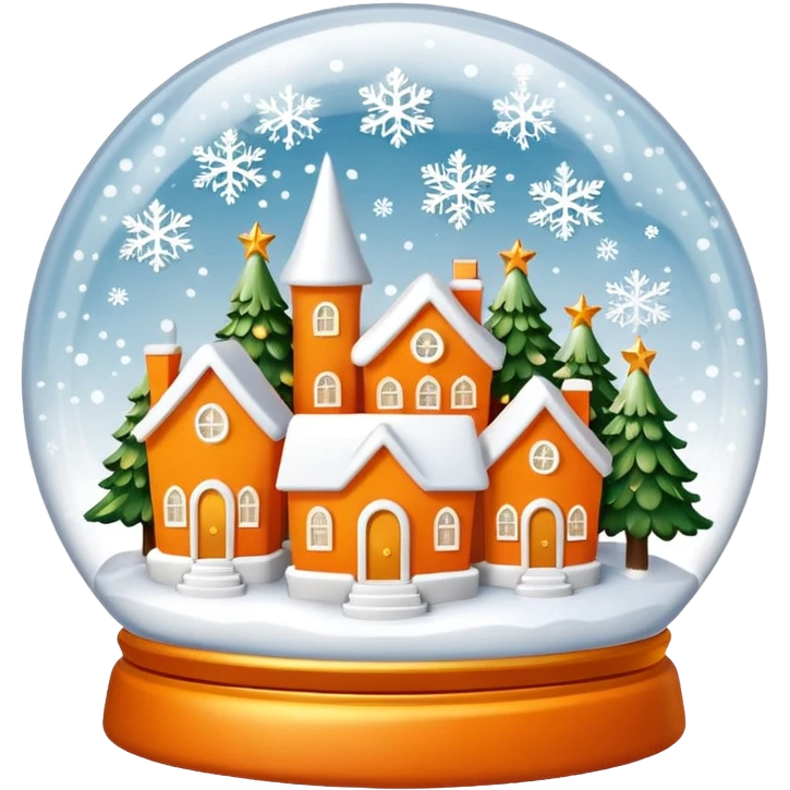 Orange Christmas village snow globe сделай полностью белым: основа шара белая, 3 белых дома и 2 белых елки внутри с золотыми снежинками emoji