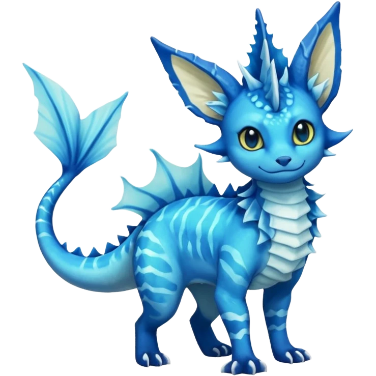 Feral Rare Fantasy vibrant tropical cobalt-blue and cyan Vernid-Trico-Vaporeon-Amaura-species-creature by LiLaiRa, random markings, tufted tail, tufted ears, full body emoji