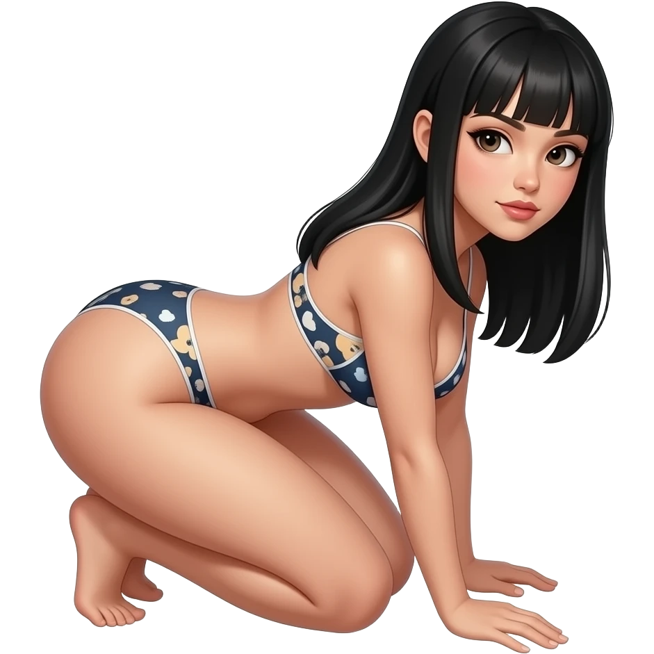 straight long black hair, panties, full body, back view, big butt, face looking at you, crouching emoji