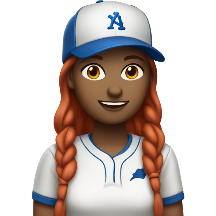 front facing standing up female coach with long red hair, wearing a white t-shirt and a simple baseball blue hat emoji