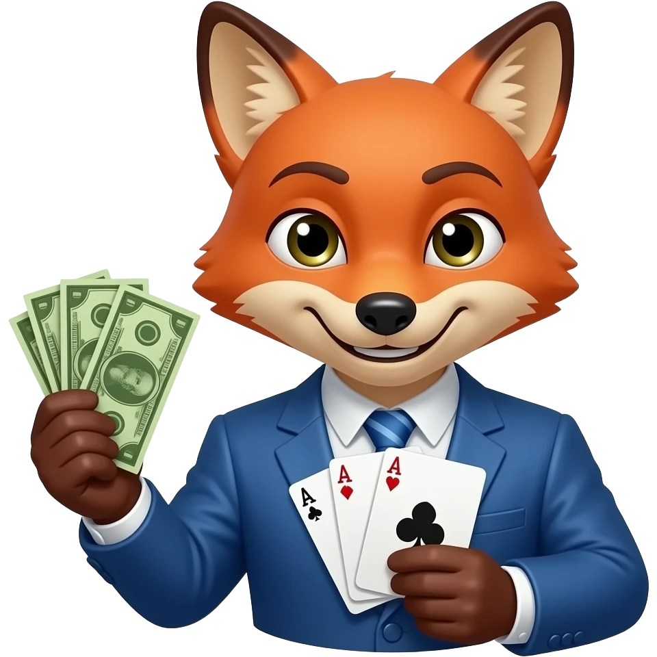 Gambler fox holding money, cards front facing half bust blue blazer emoji