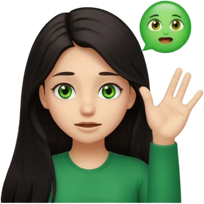 Animated girl dark long hair green eyes emoji with duh facial expression ,one hand on top of her head emoji