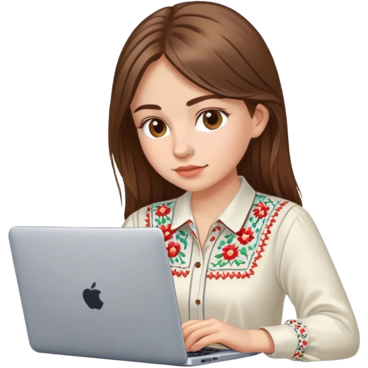 A Ukrainian girl with brown hair in an embroidered shirt works at her laptop emoji