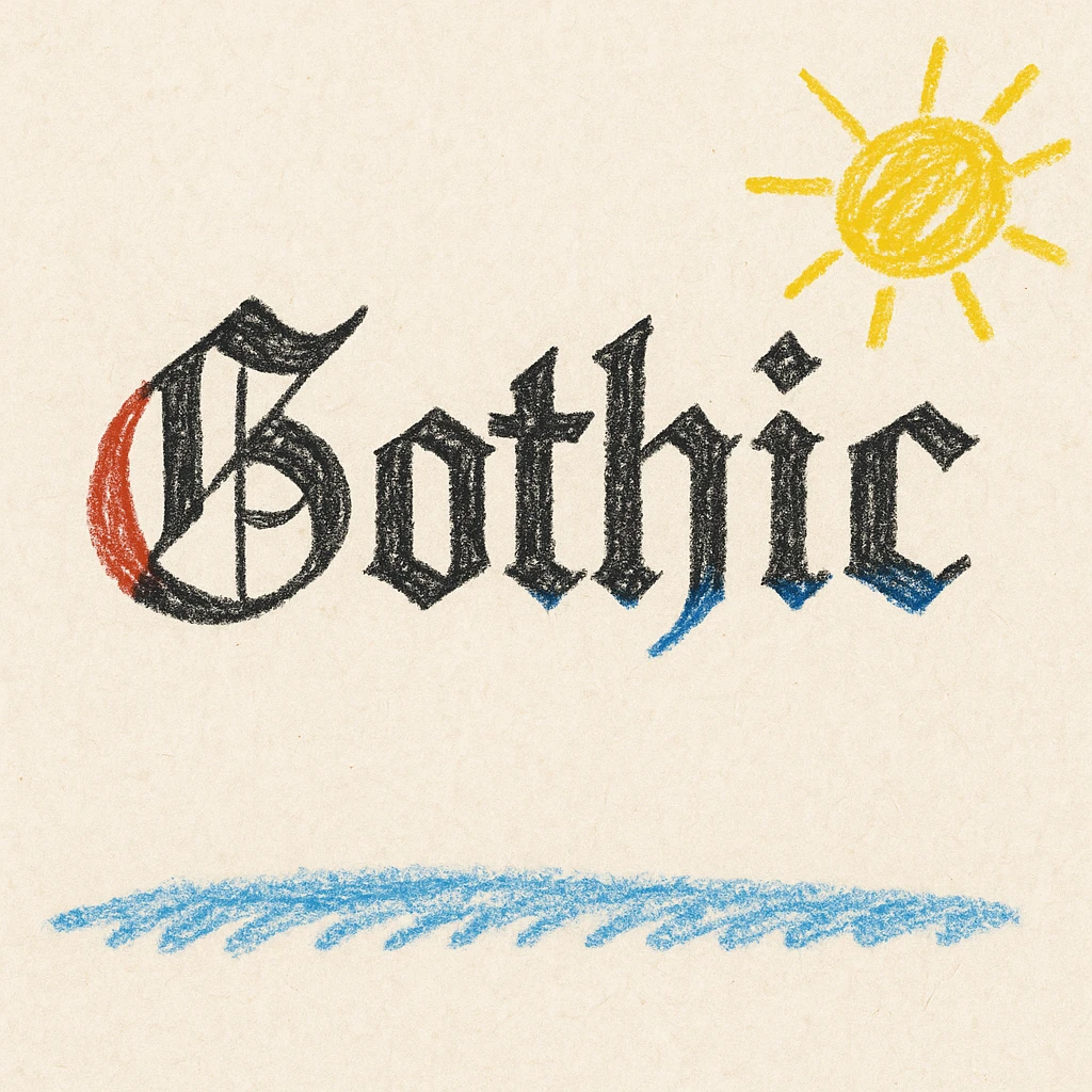 the word 'Gothic' in ornate gothic calligraphy, children doodle style emoji