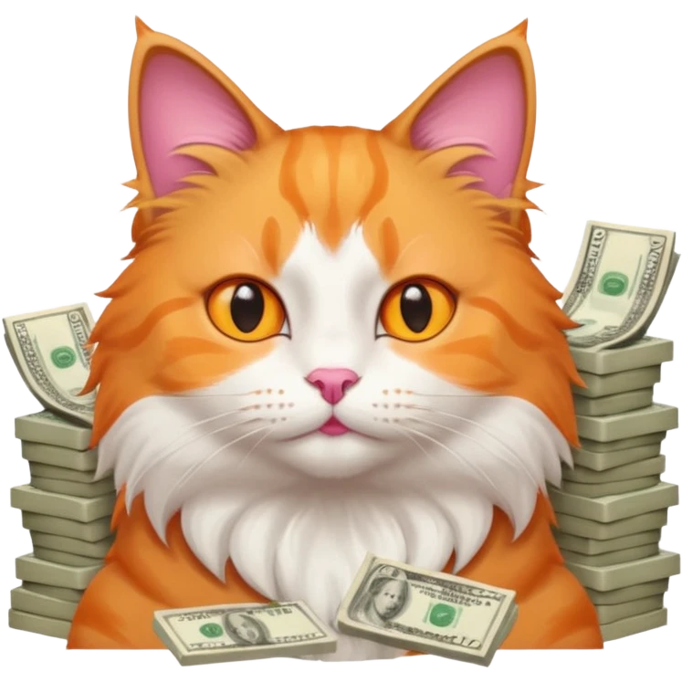 Cute cat surrounded by money emoji