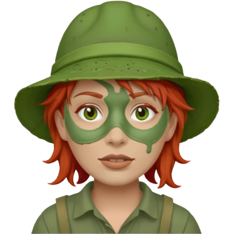 messy green full face clay mask and tourist hat red hair  emoji