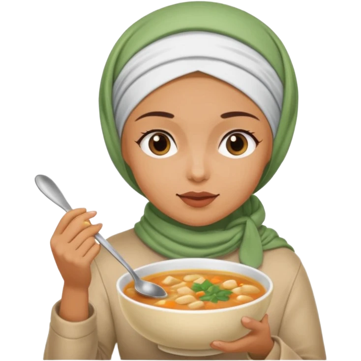 a woman wearing a headscarf is eating while holding a spoon emoji