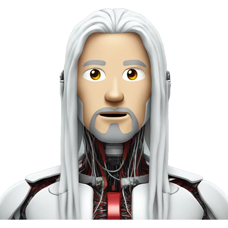 White long hair and goatee male cyborg head with red skin and wires  emoji