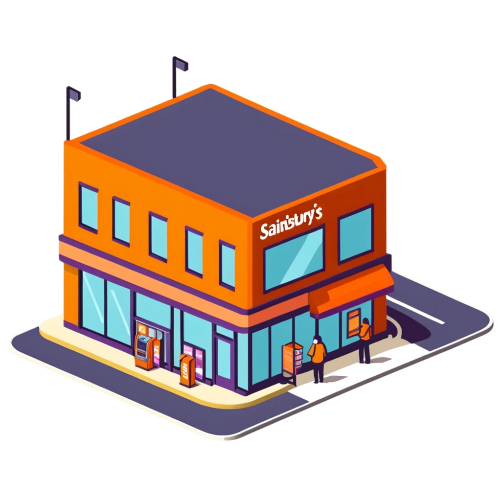 Isometric Sainsbury's Local smaller format store with orange facade, ATM outside, and pedestrians with shopping bags emoji