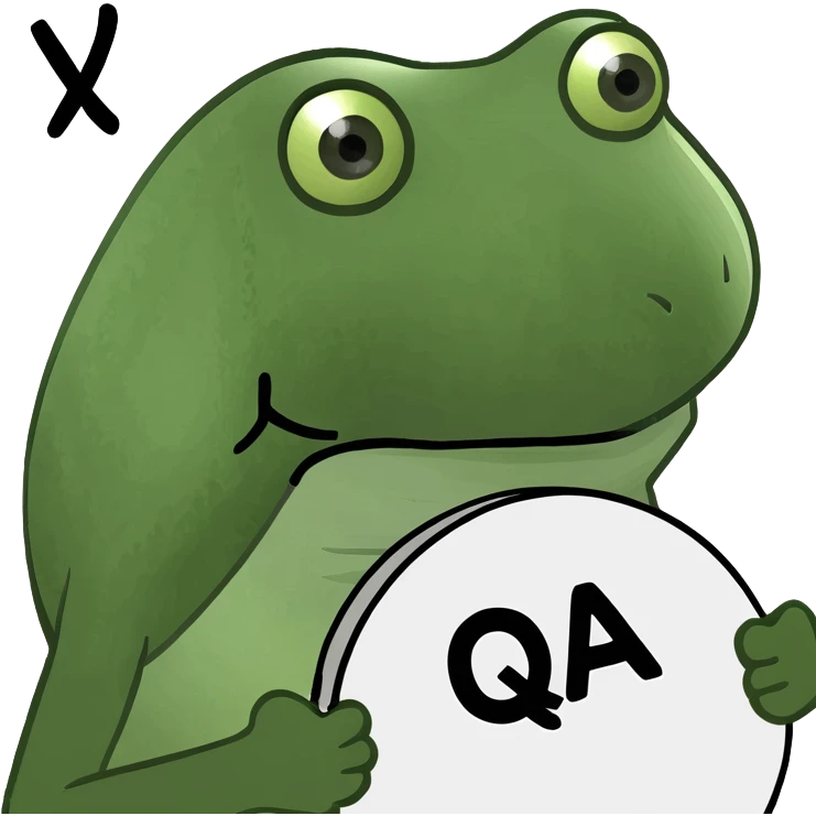 funny frog head emoji holding a sign on top that says 'QA', the sign and letters are very obvious emoji