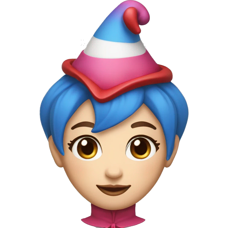 A jester with a round white head,pink blush – red and blue pinwheel eyes and a red and blue jester outfit. her pupils are red and blue pupils. She has a jester hat, and brown short hair emoji