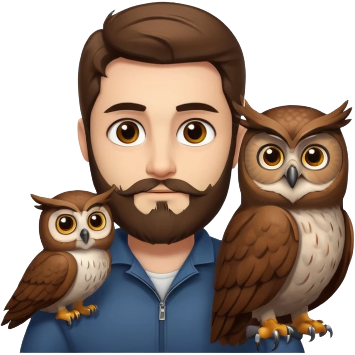 portrait man long brown hair brown eyes medium beard white skin with owl perched on shoulder emoji