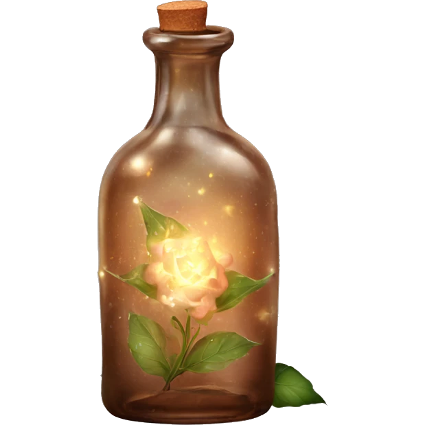 Brown magic fairy light sparkling old Antique bottle with poison and with herbal and flowers emoji