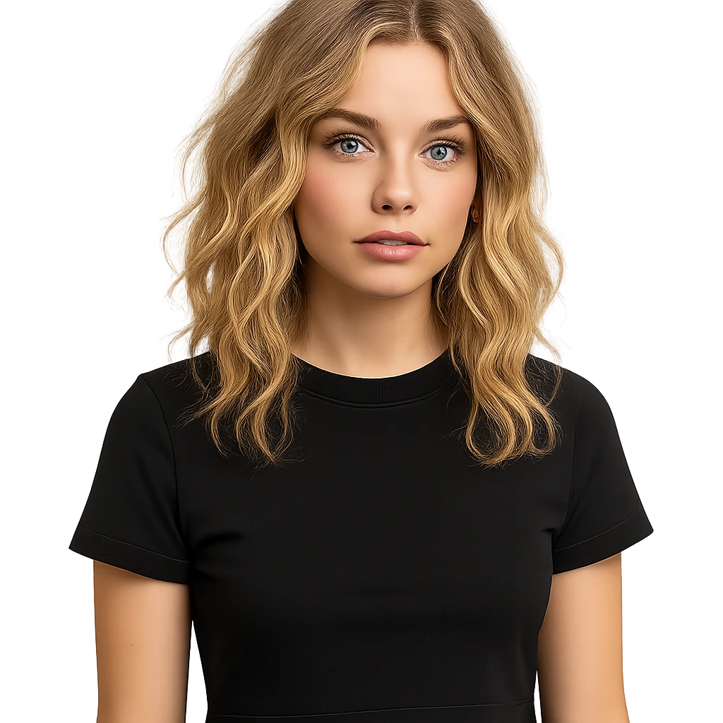 girl with wavy blonde hair, blue eyes, nose ring on left, black cropped shirt, modern style emoji