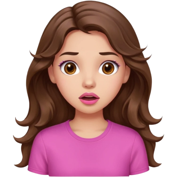 girl with long wavy brown hair, brown eyes, light to medium complexion, in a pink shirt, pink lips, long lashes, surprised, wow emoji