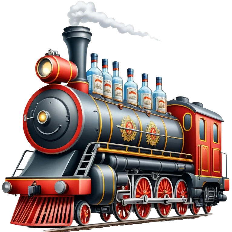 A locomotive train with vodka bottles and Russian elements from Moscow emoji