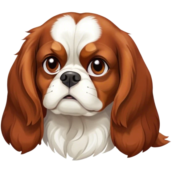 Cinematic Meme-Worthy Grumpy Blenheim Cavalier King Charles Spaniel Portrait Emoji, Head held high but eyes filled with dramatic disappointment, smooth Blenheim coat with striking chestnut and white patches, deeply furrowed brow forming an unmistakable scowl, floppy ears slightly angled back in disapproval, piercing brown eyes glaring with pure exasperation, Simplified yet hilariously over-exaggerated features, highly detailed, glowing with an aura of supreme annoyance, high shine, exhausted yet judgmental, stylized with an almost regal pettiness, bright but brooding, soft glowing outline, capturing the essence of a companion that has seen it all and is thoroughly unimpressed, so meme-worthy it feels like it could instantly become the next viral sensation of grumpiness! emoji