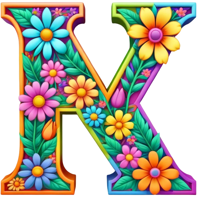 3D, gothic style psychedelic colored capital Letter N with hippie style flower border emoji