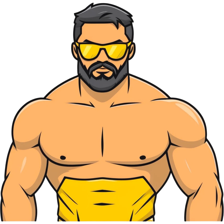 muscular man with black beard wearing yellow sunglasses emoji