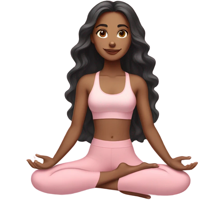 black long wavy hair and brown eyes with light skin yoga girl in light pink clothes sitting on a yoga mat  emoji