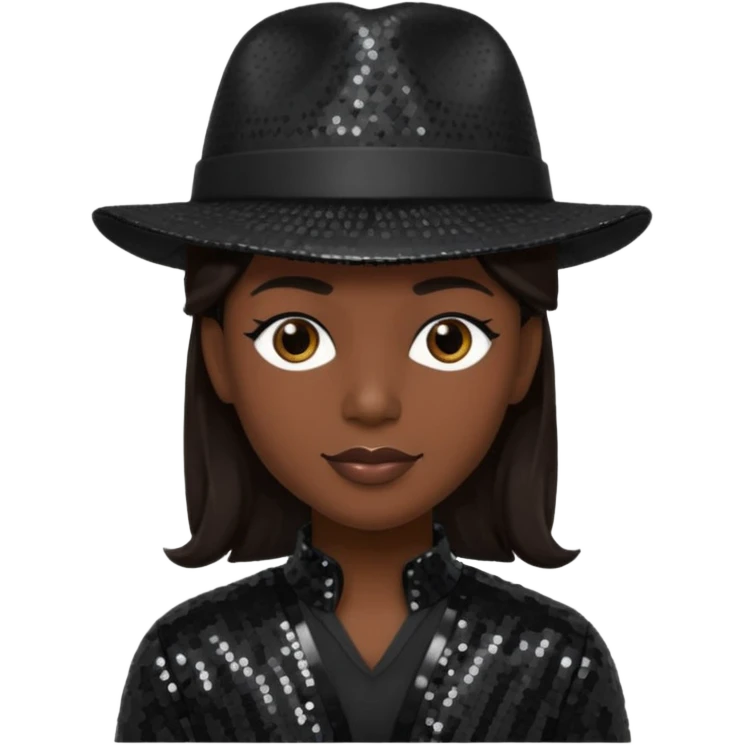 Kamal Givens with dark brown hair, black sequin outfit, black hat emoji