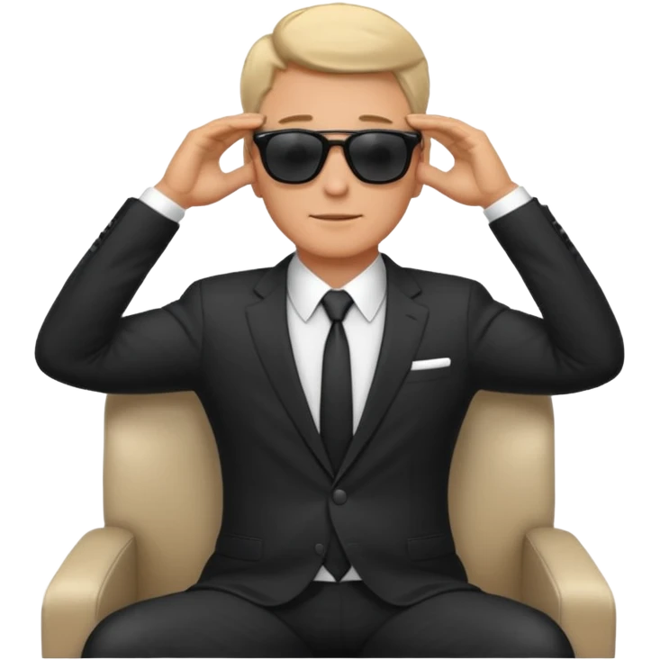 white man in formal suit wearing sunglasses resting with hands behind head emoji