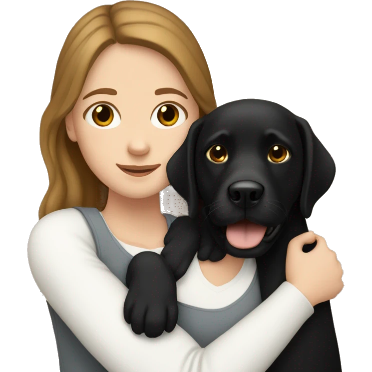 white girl with brown hair. hugging a black labrador emoji