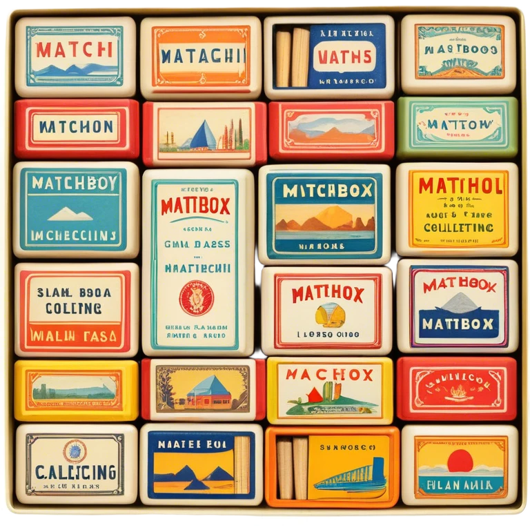 Icon for Matchbox Collecting: a collection of vintage and colorful matchboxes from different places, neatly displayed in a row or in a display case. The icon should reflect the uniqueness and diversity of matchbox collecting. Transparent background. emoji