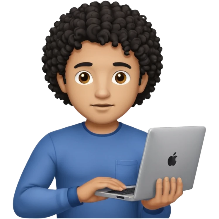 men holding his computer in hands. light brown skin men with curly black hair, dark brown eyes, little grown beard. ust a tiny bit muscular. dressed casual. round face. emoji