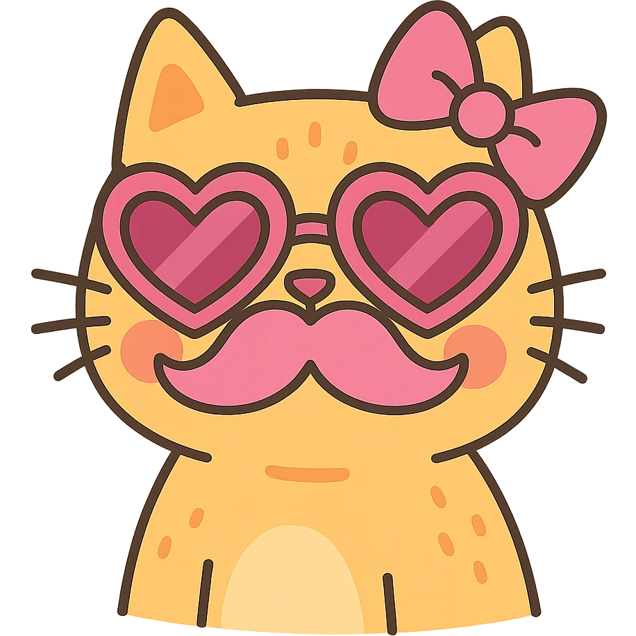 cat with pink heart sunglasses, pink moustache, and pink bow in pastel toon style emoji