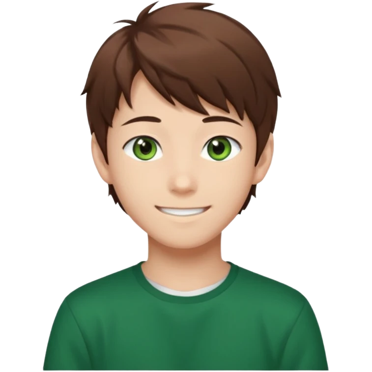 the face of an Anime asian style teen boy with brown hair, green eyes, looking smiling slightly sideways positioned. Face must be main filling of the emoji.  128px emoji