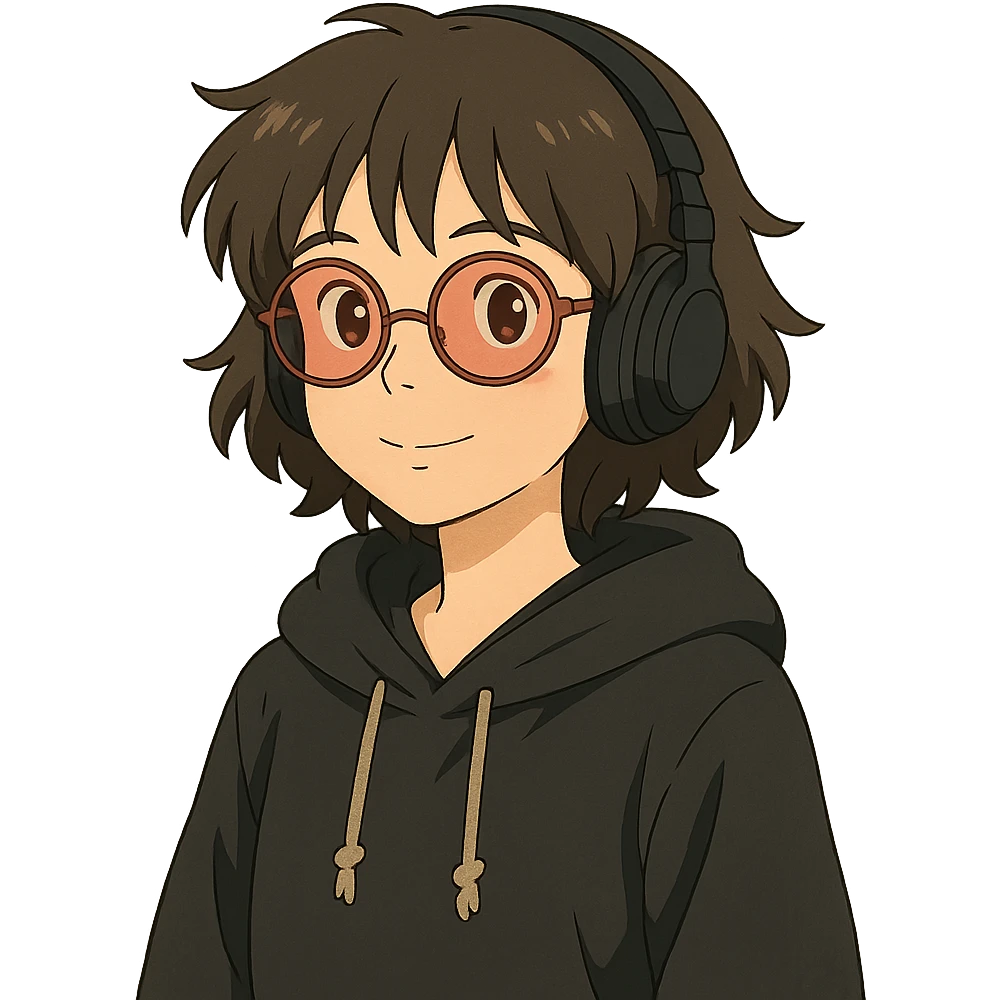 ghibli style tan brunette girl with a short wolf haircut, round ruby glasses, black headphones, and a black hoodie emoji