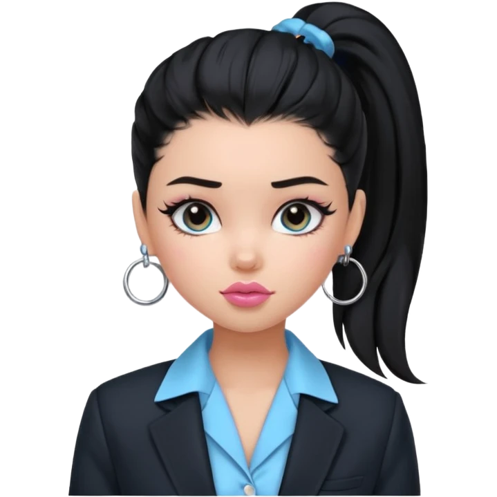 generate a pretty bratz girl with black hair tied up in a single ponytail. wearing a light blue full sleeve shirt and a black blazer over it. silver small hoops, pink lipgloss.  emoji
