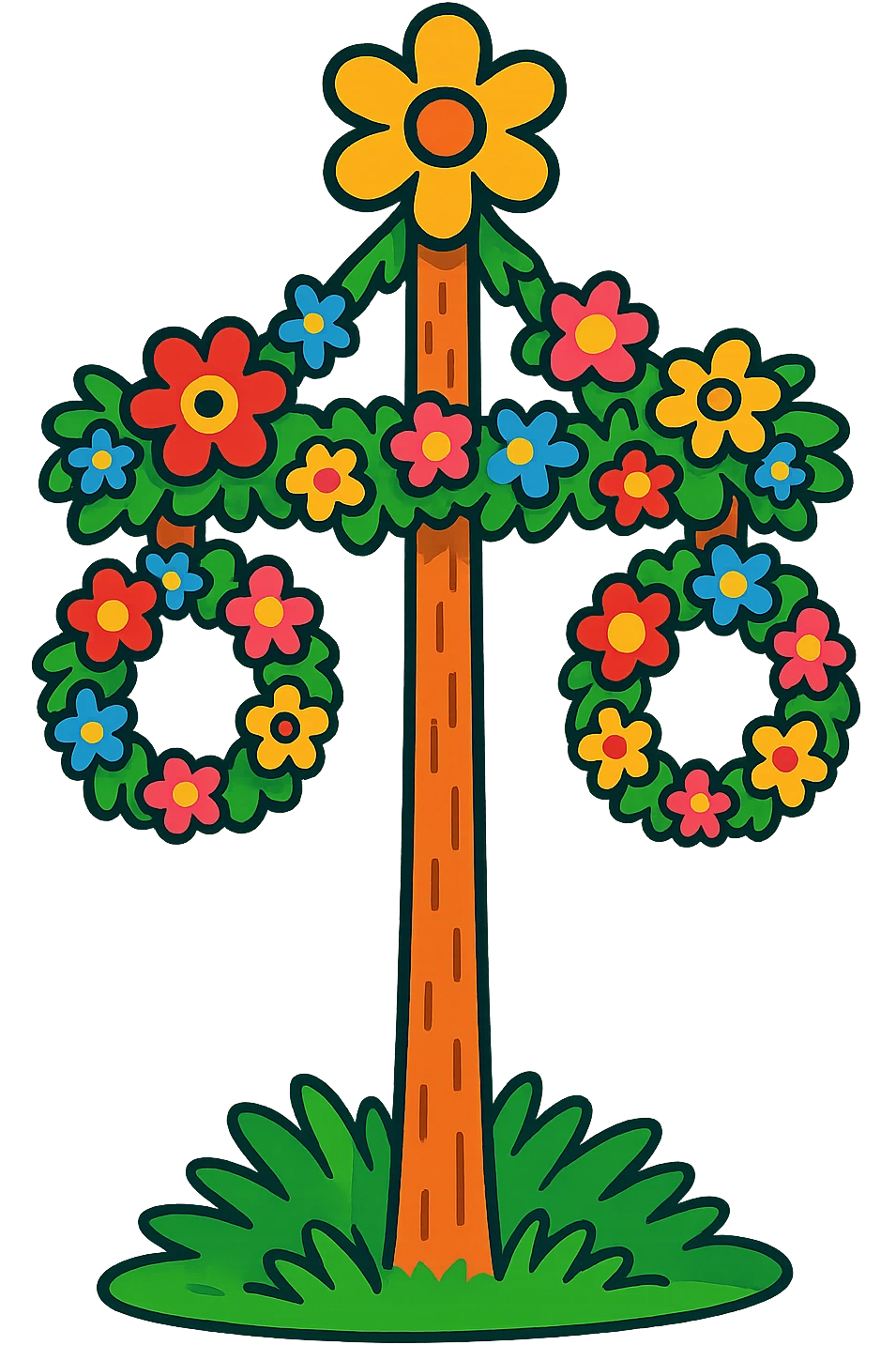whimsical midsommarstång (maypole) with exaggerated floral decorations, playful proportions, bright cartoonish look emoji