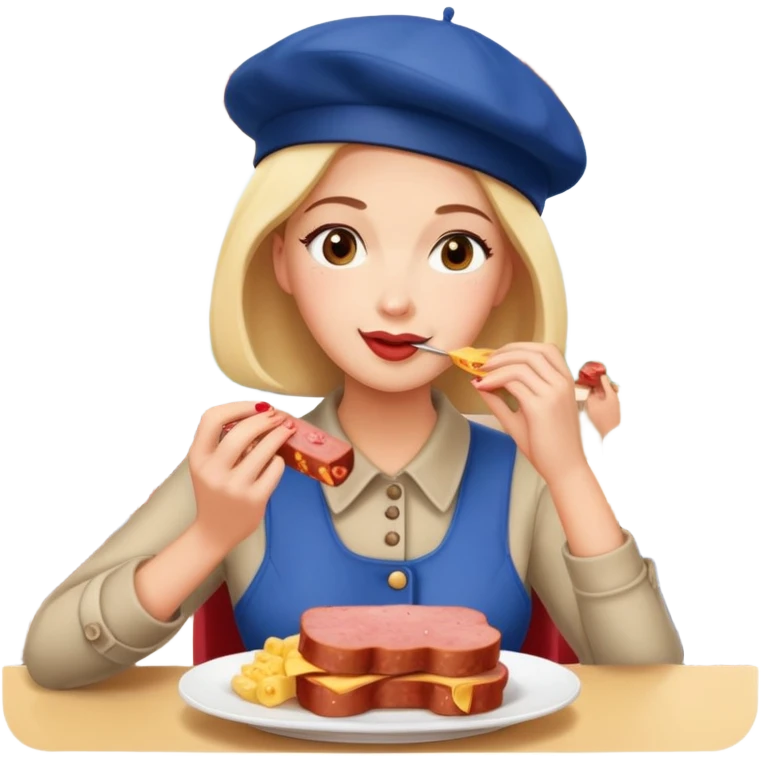  paris woman eating SPAM meat at fench spam cafe landscape  emoji