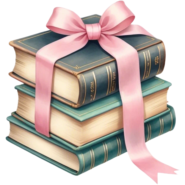 "A stack of vintage books tied together with a silky pink ribbon, soft pastel watercolor style." emoji