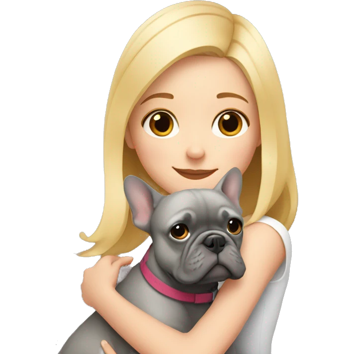 A blonde girl with a square hugs a gray French bulldog emoji