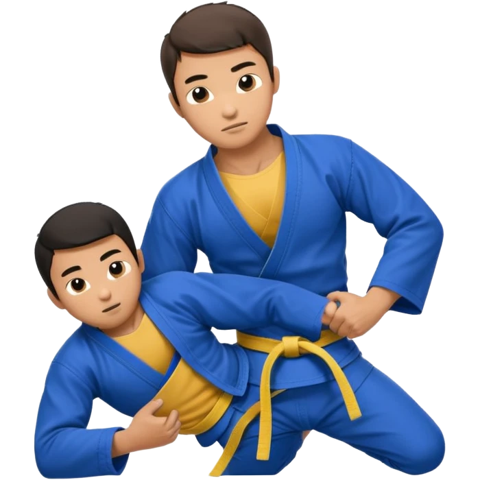 An Asian guy doing jiu jitsu with another guy submitting him with an arm bar. The Asian guys wears a blue belt emoji